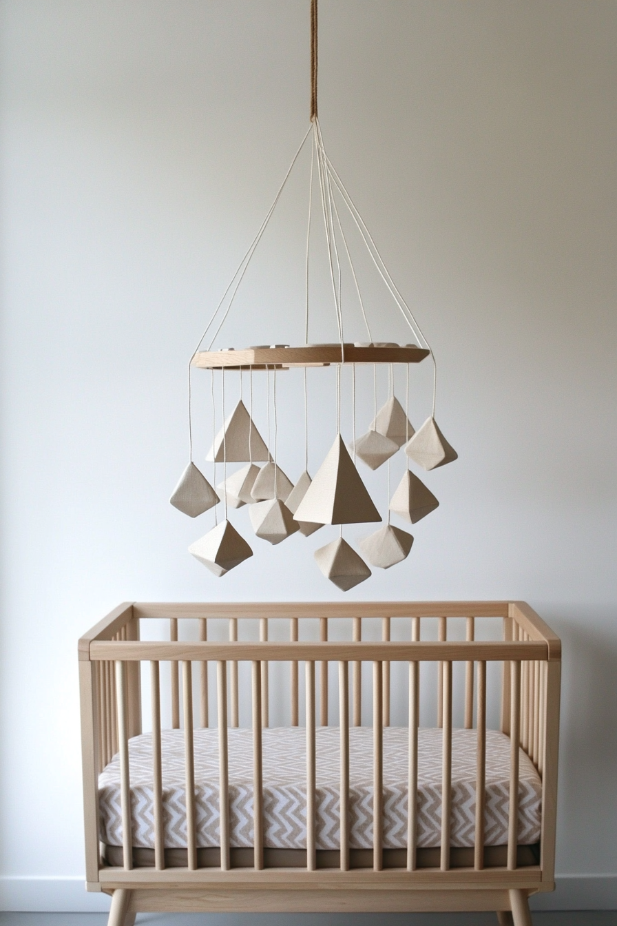 Contemporary baby room. Neutral tones with geometric-patterned cribs and mobile.