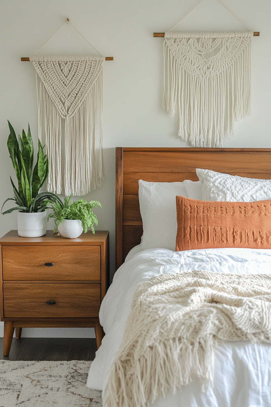 Boho teen bedroom makeover. Macrame wall hanging with caramel wood nightstand.