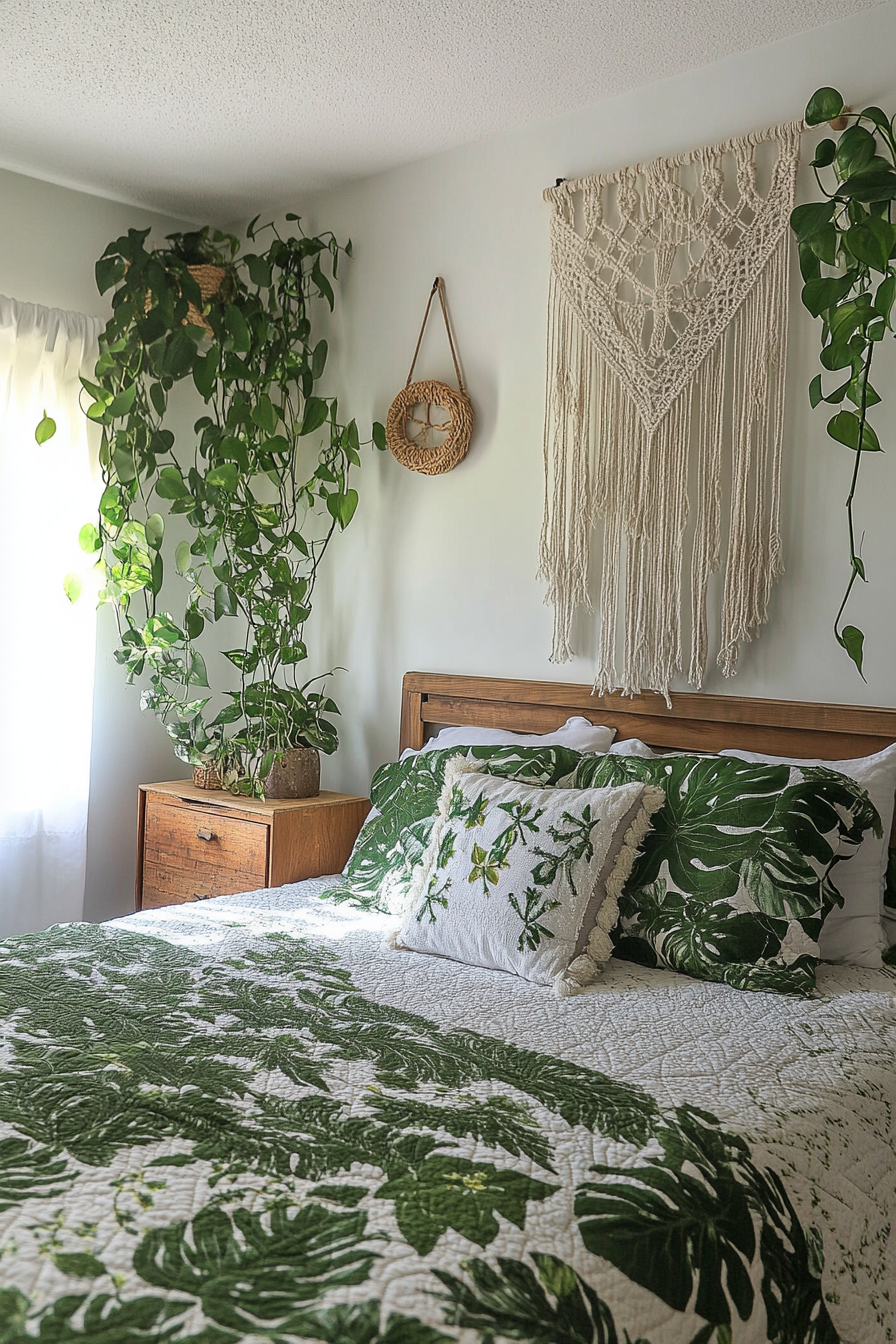 Boho Teen Bedroom Makeover. Macrame wall hanging with jungles green bedding set.