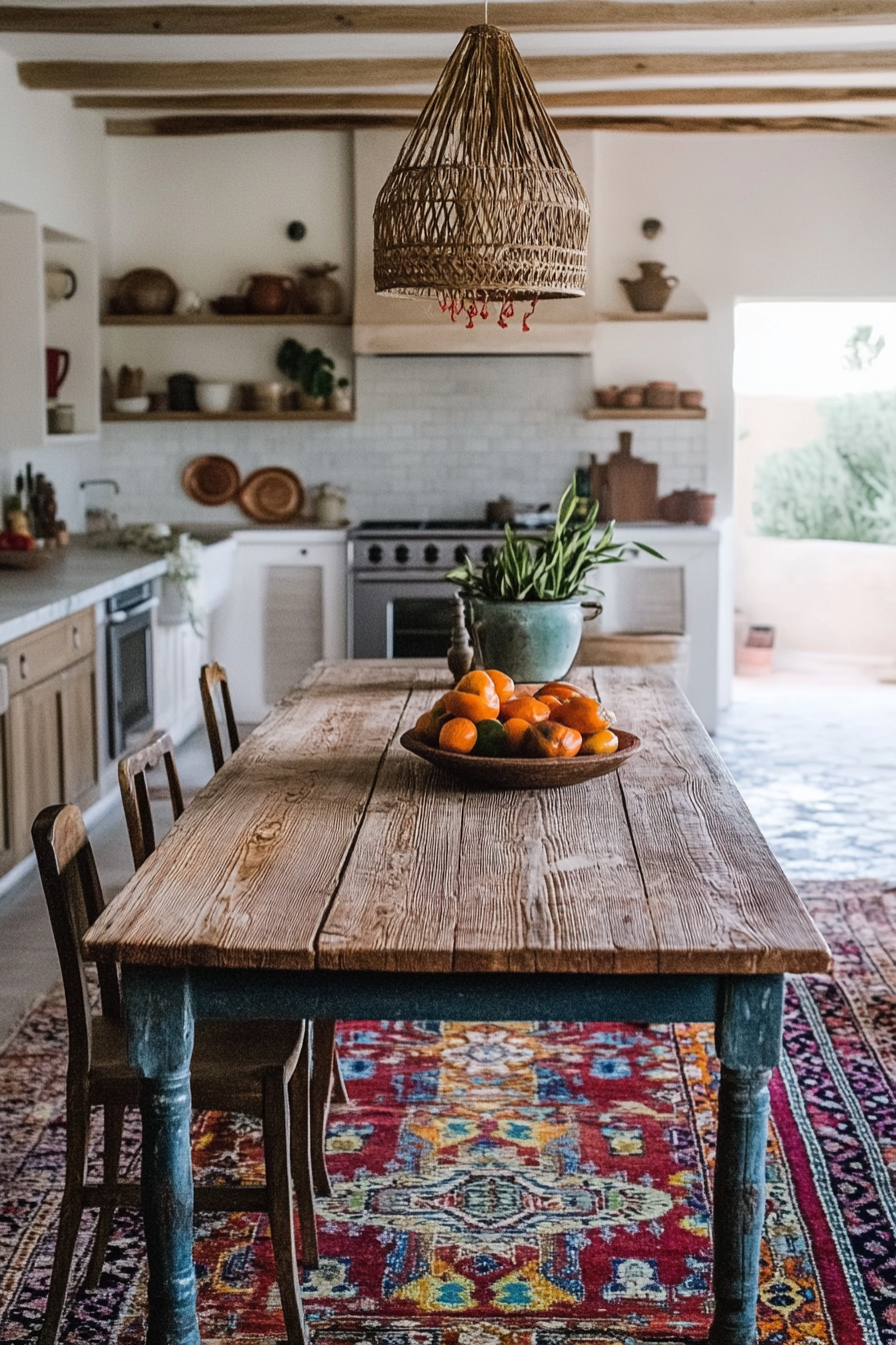 Bohemian kitchen style. Rustic wooden table adorned with colorful Persian rug.