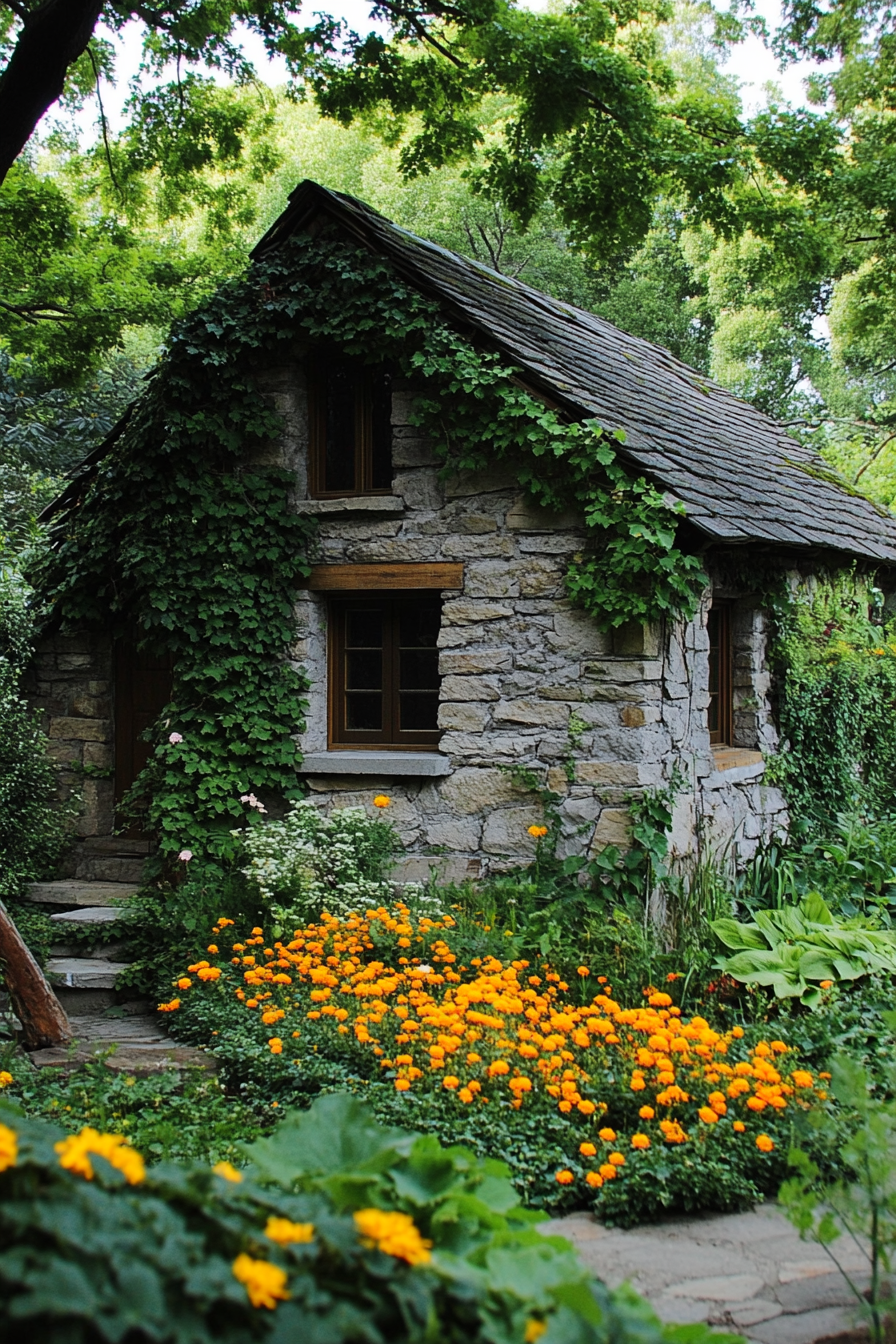 Backyard Garden Retreat. Stone cabin with ivy-covered walls and marigold flower bed.