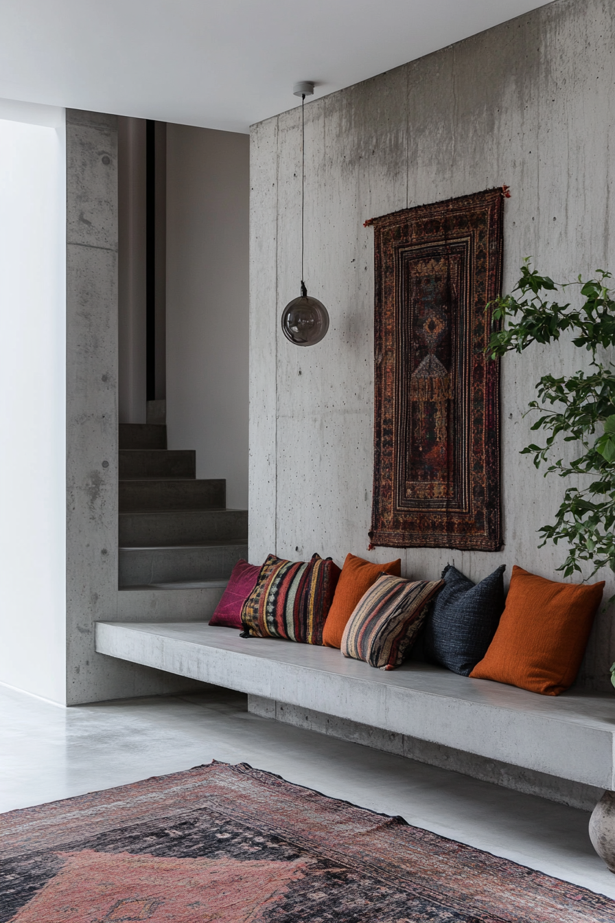 Maximalist-minimalist entryway. Concrete bench with multicolored throw pillows.