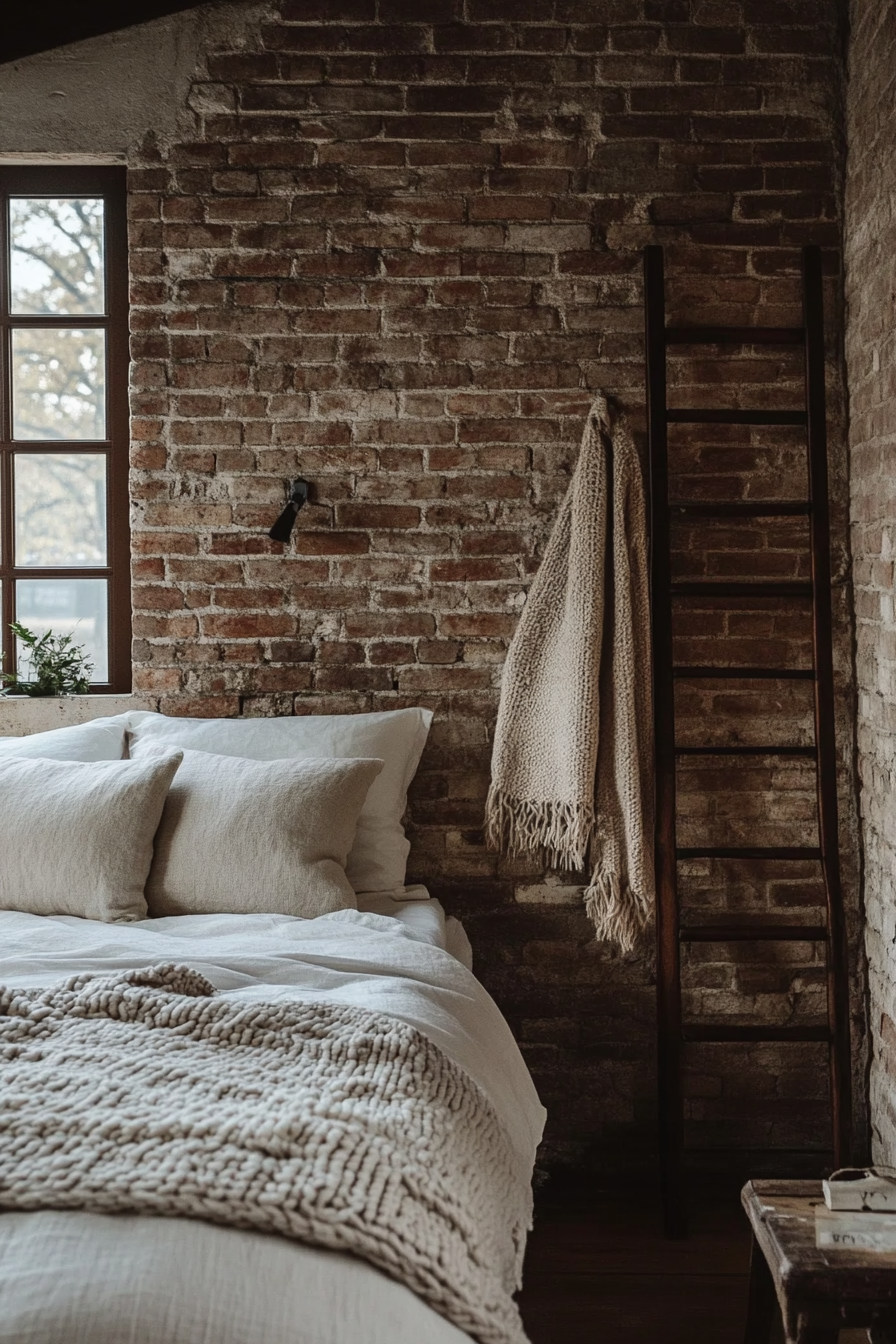 Cottagecore-industrial bedroom. Exposed brick wall with ladderknit wool blankets.