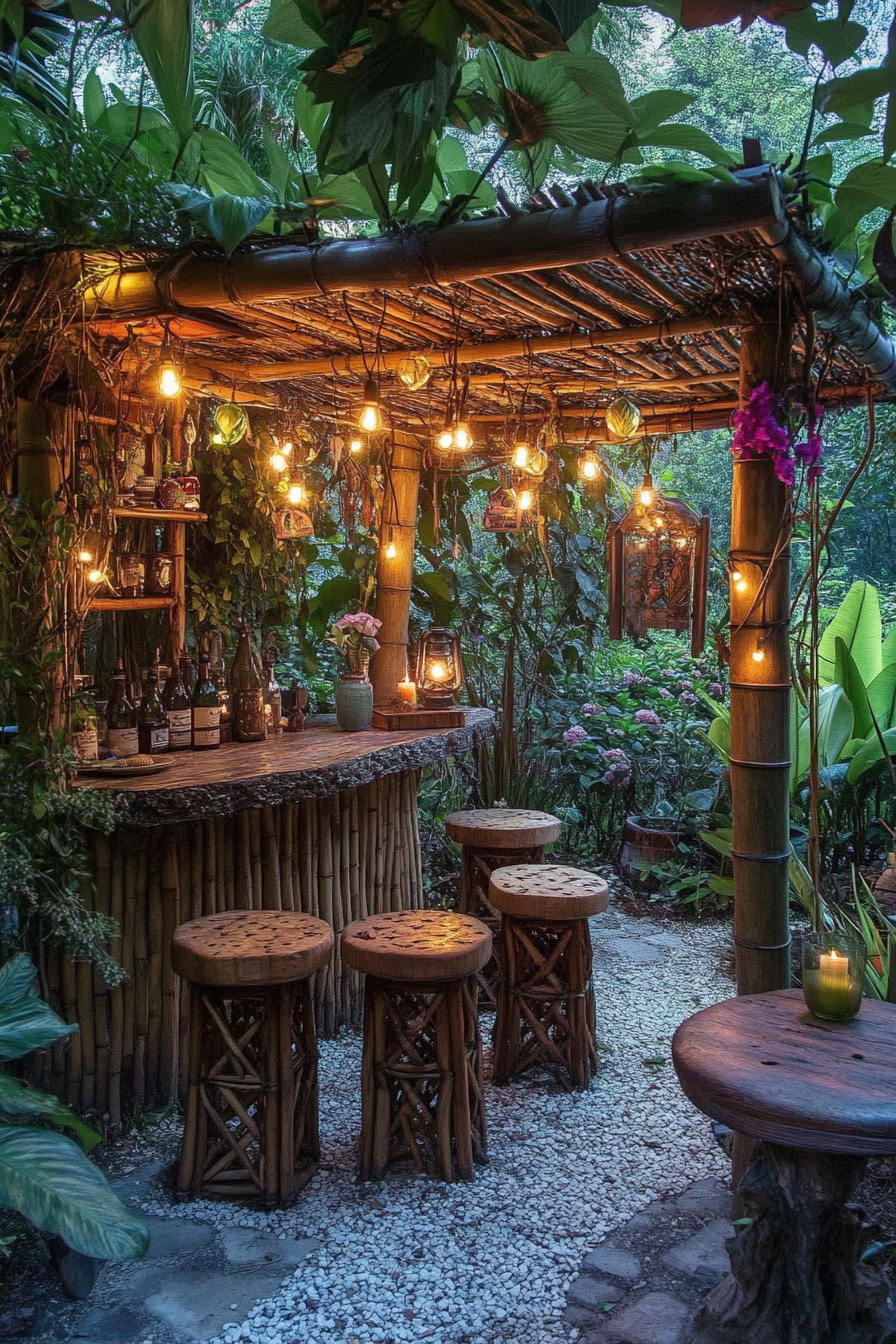 Backyard garden retreat. Bamboo hut with carved wooden stools and hanging fairy lights.