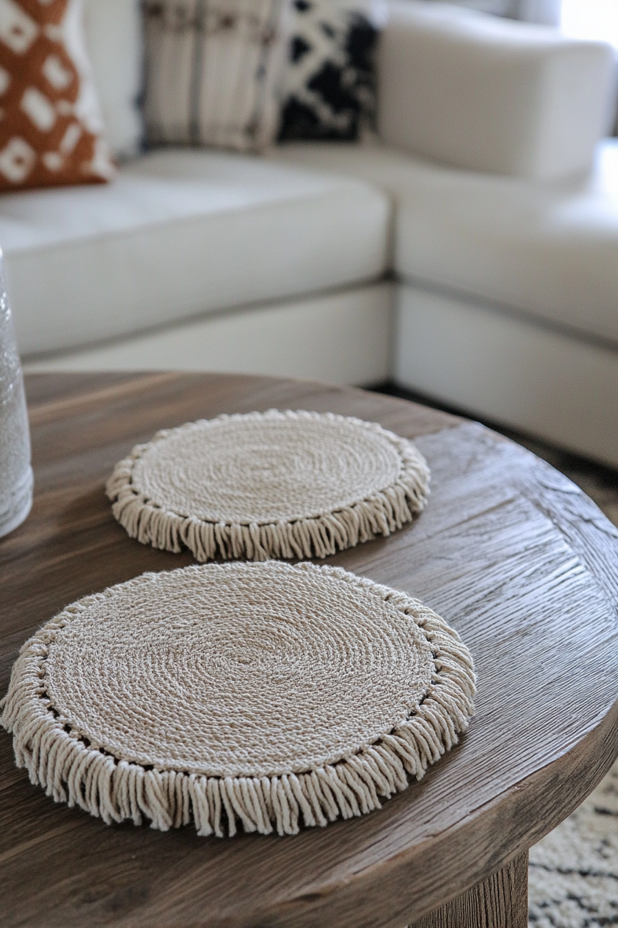 Bohemian farmhouse living space. Weathered oak coffee table with macrame coasters.