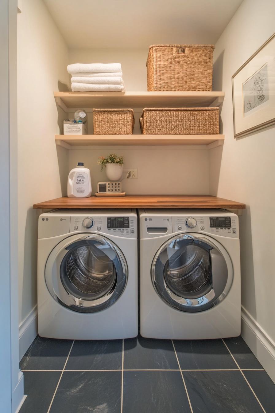 Vintage-Modern Laundry Room. Ivory appliances with wooden shelving and navy tile flooring.