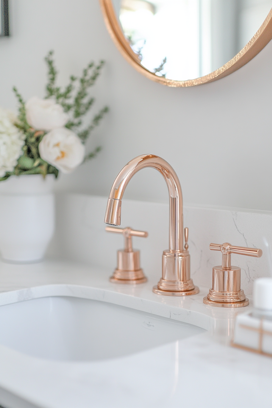 Modern bathroom update. Rose gold faucet with white marble countertops.