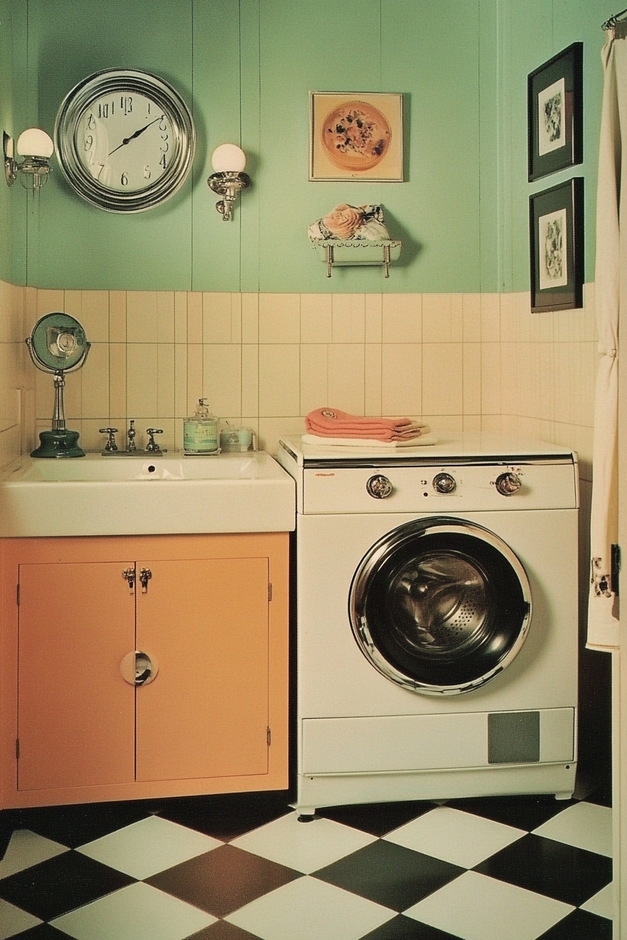 Vintage-Modern Laundry Room. Pastel color walls with black-and-white floor tiles.