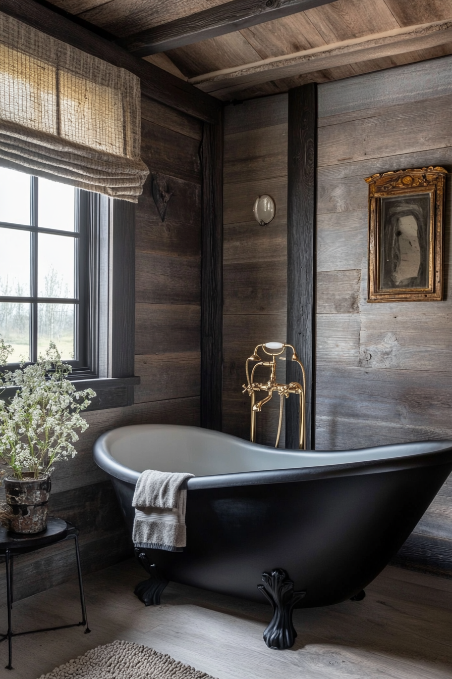 Glam-Rustic Bathroom. Matte Black Freestanding Tub with Antique Gold Faucet.