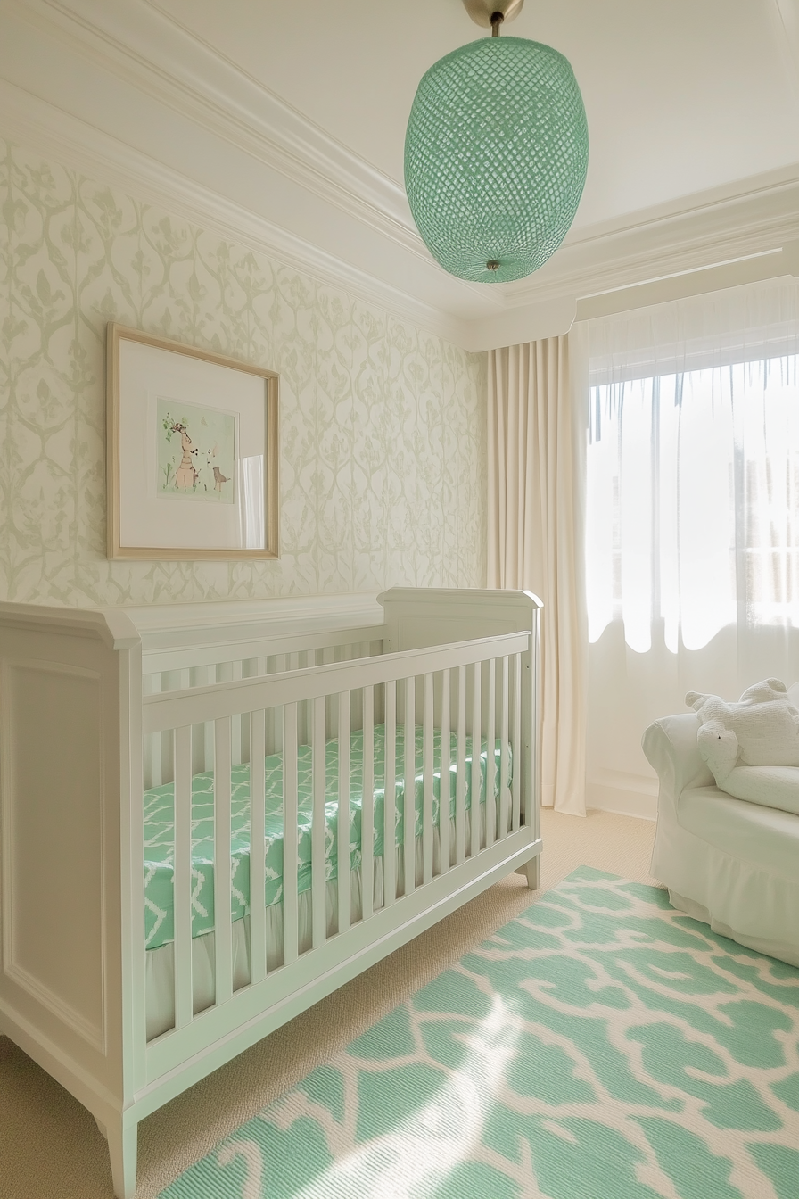 Contemporary baby room. Navajo white walls featuring argyle pattern in mint green.