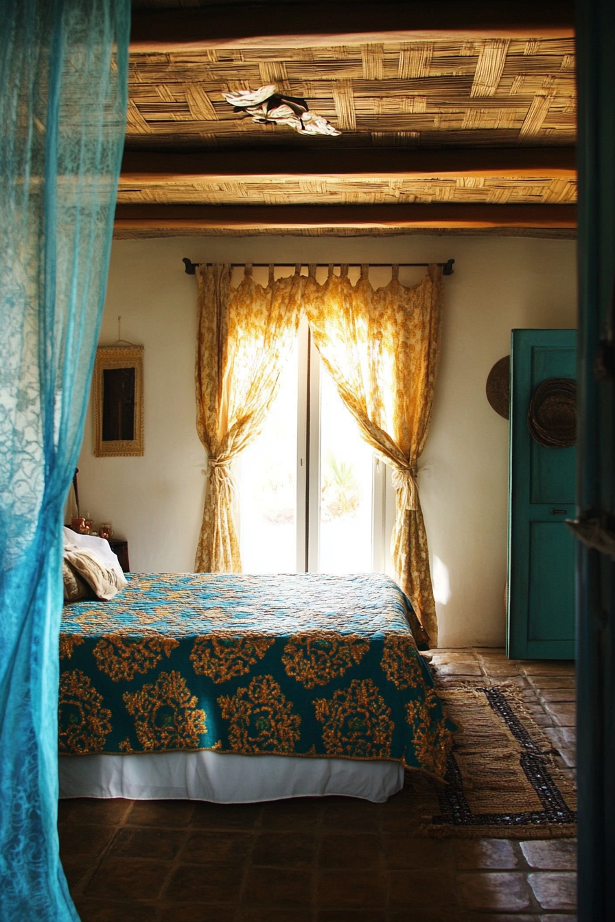 Bedroom design. King-sized bed with Moroccan-patterned turquoise and gold duvet.