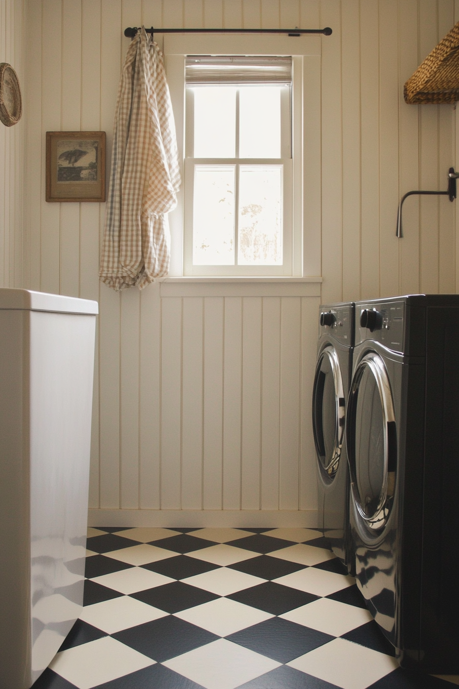 Vintage-Modern Laundry Room. Checkerboard floor with antique washboard.