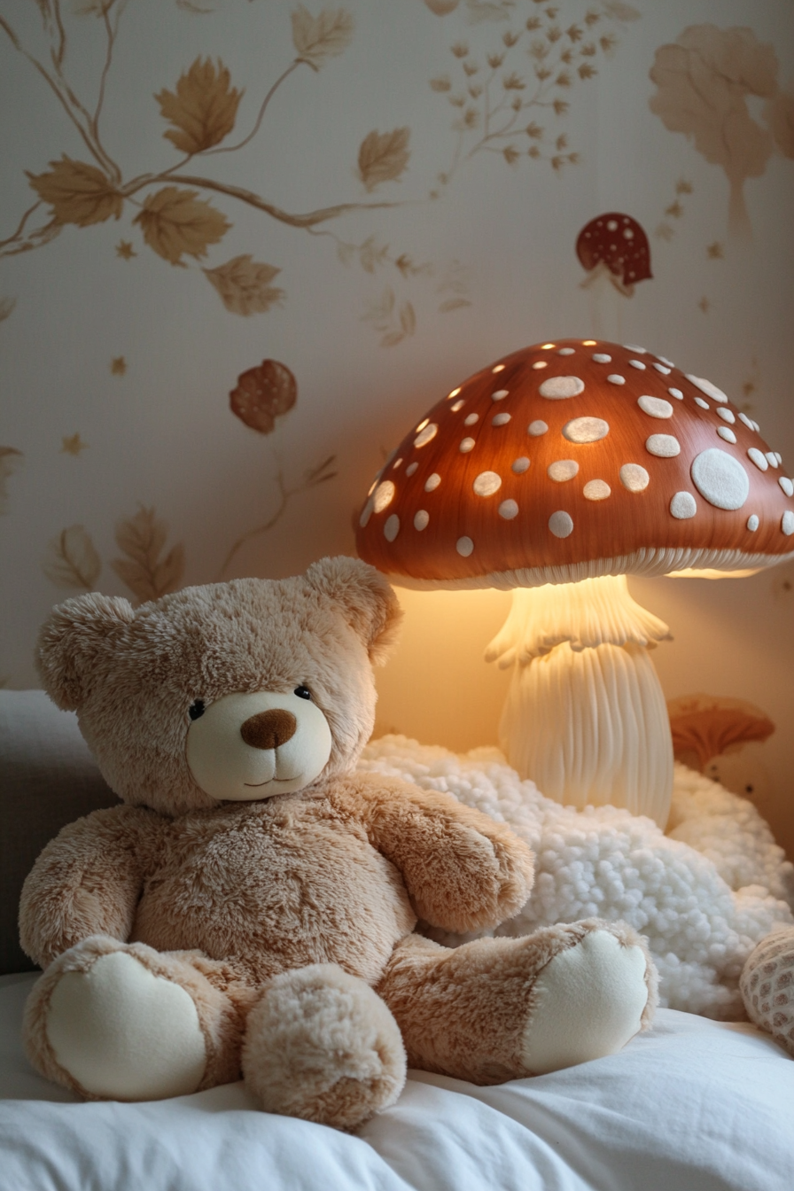 Woodland nursery. Stuffed bear next to giant mushroom lamp.