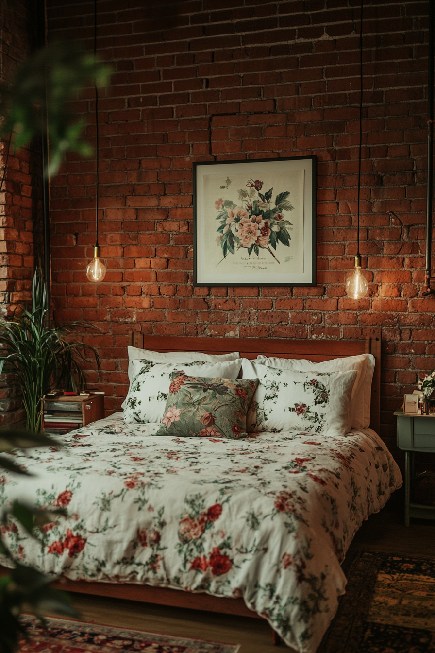 Cottagecore-Industrial Bedroom. Exposed red brick wall with muted floral bedspread.