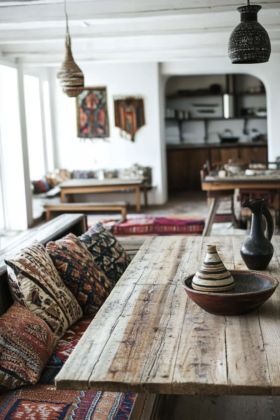 Living space. Rustic farmhouse table with bohemian-patterned cushions.