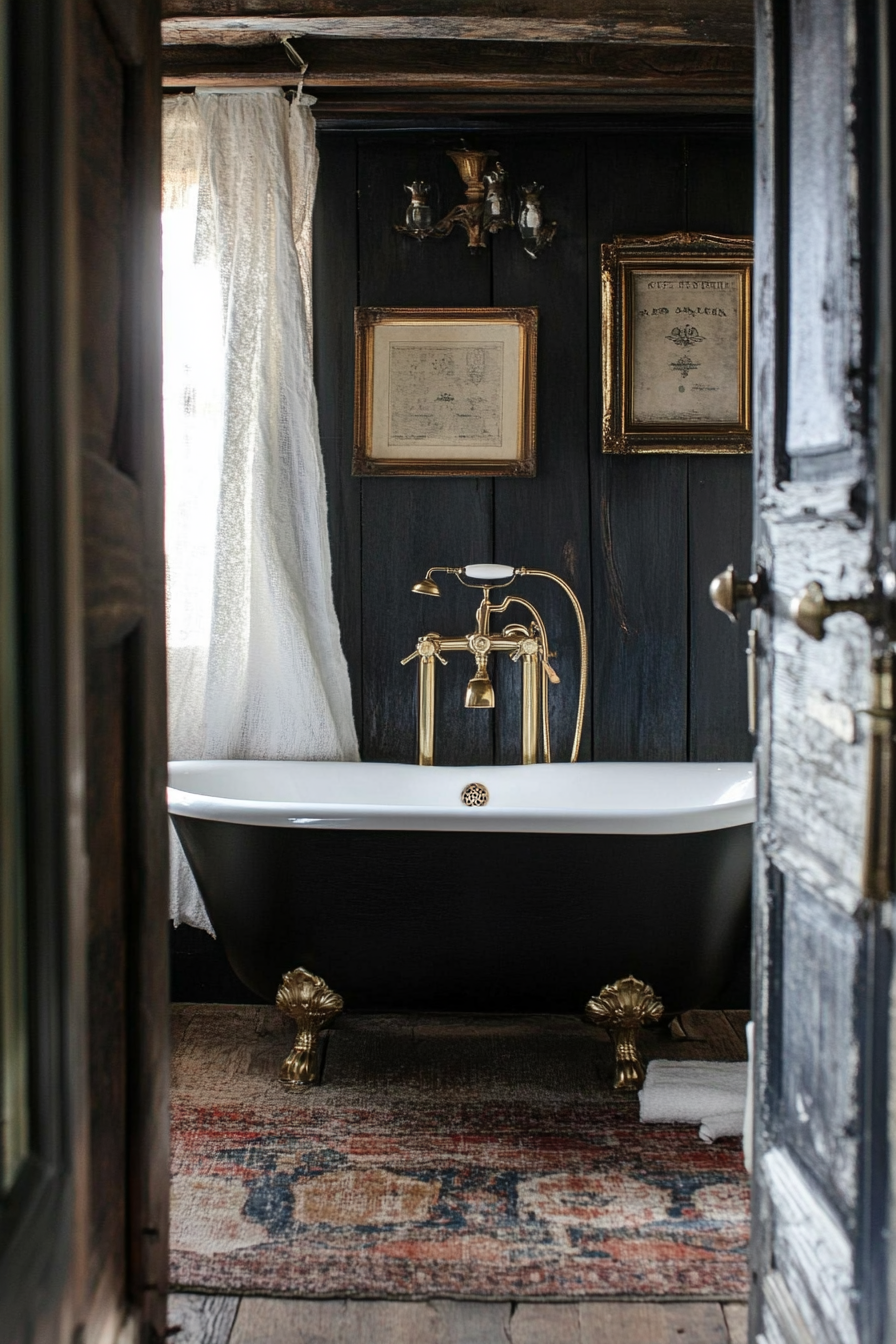 Glam-Rustic bathroom. Claw-foot tub with brass fixtures.