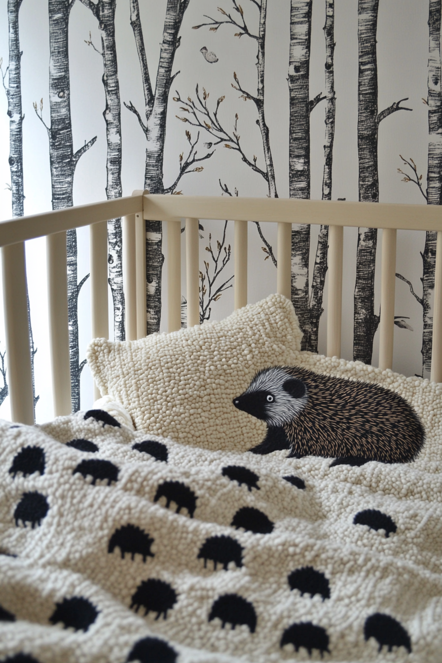 Woodland Nursery. Hedgehog-patterned blankets with birch-tree wallpaper.