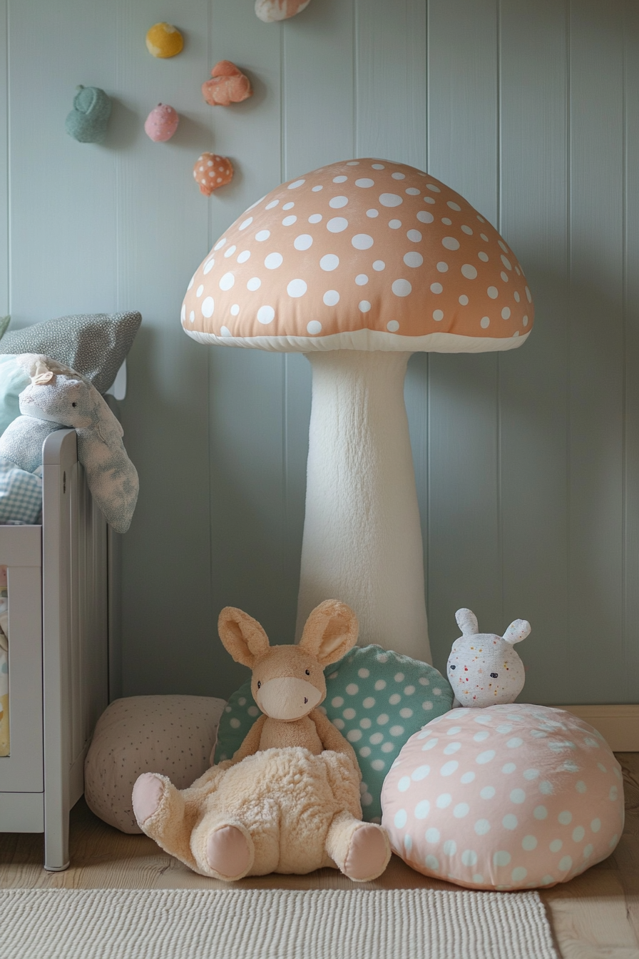 Woodland nursery. Mushroom-shaped floor lamp with pastel polka dots.