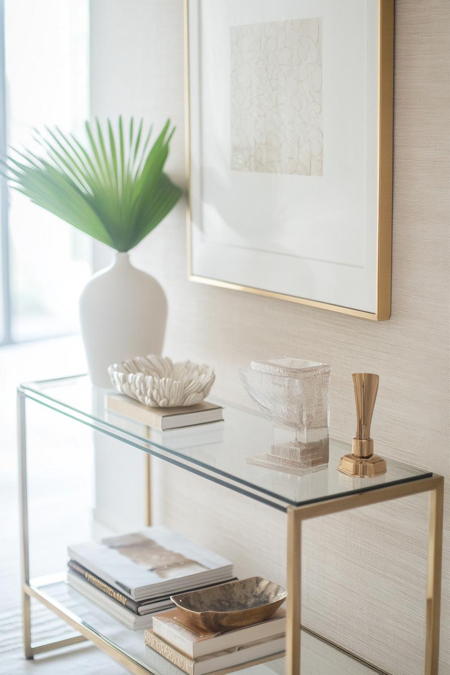 Entryway. Glass console with minimalist brass accents.