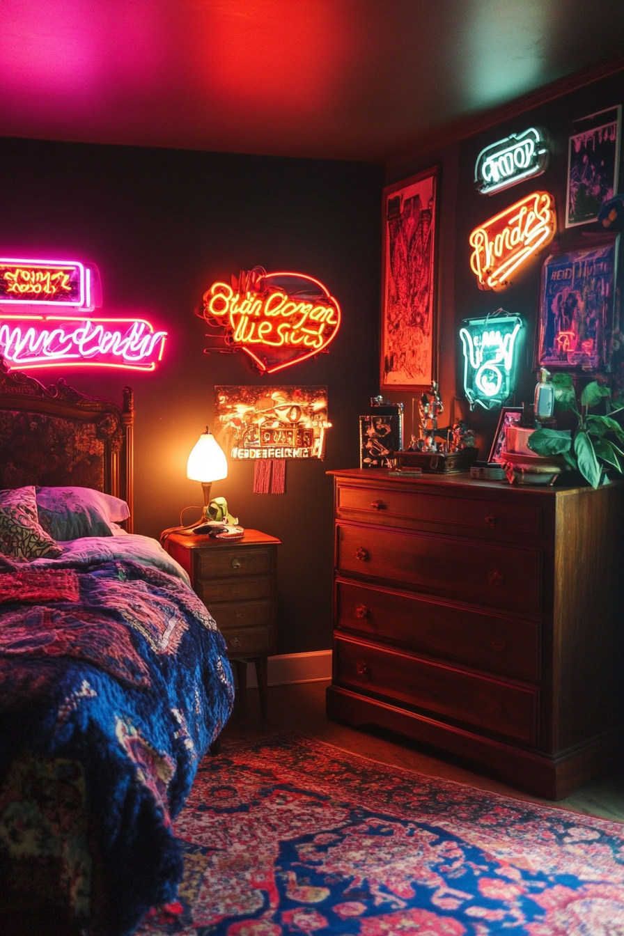 Bedroom design. Neon signs above vintage wooden dresser.