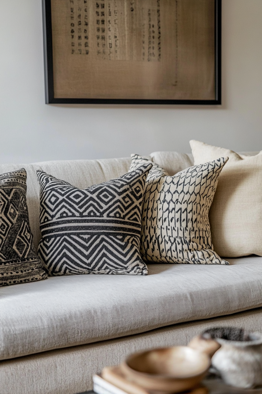 Living space. Vintage sofa with geometric-patterned cushions in neutral tones.