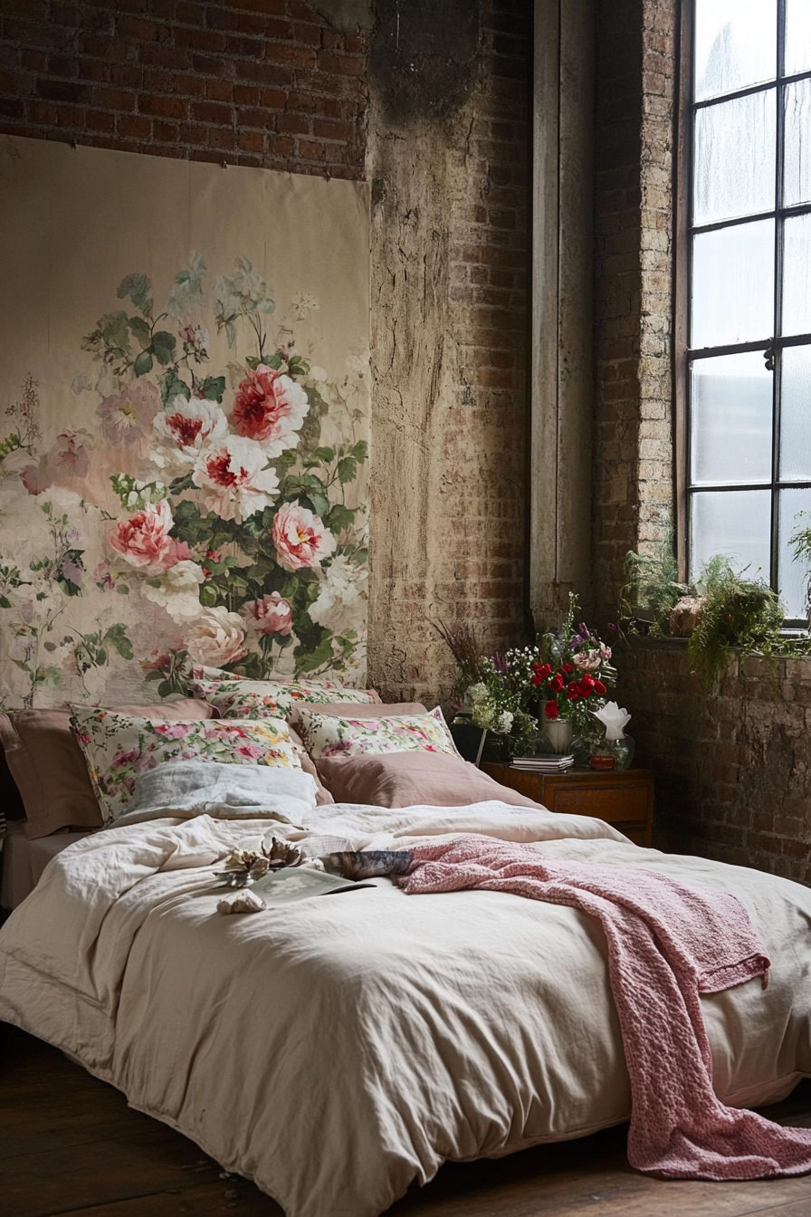 Cottagecore-Industrial bedroom. Exposed brick walls with floral wallpaper vignette.