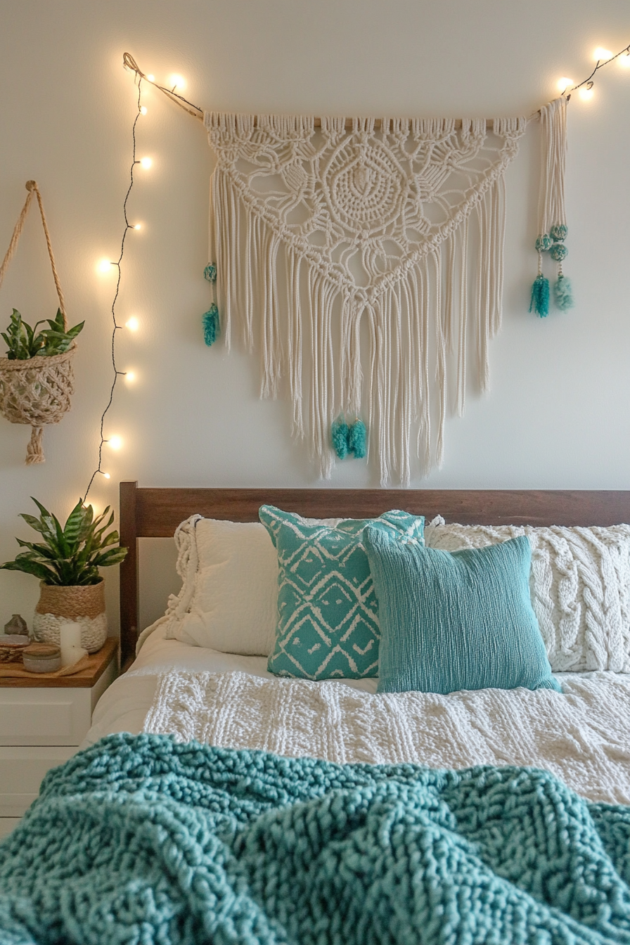 Teen Boho Bedroom Makeover. Macrame wall hanging with pops of turquoise.