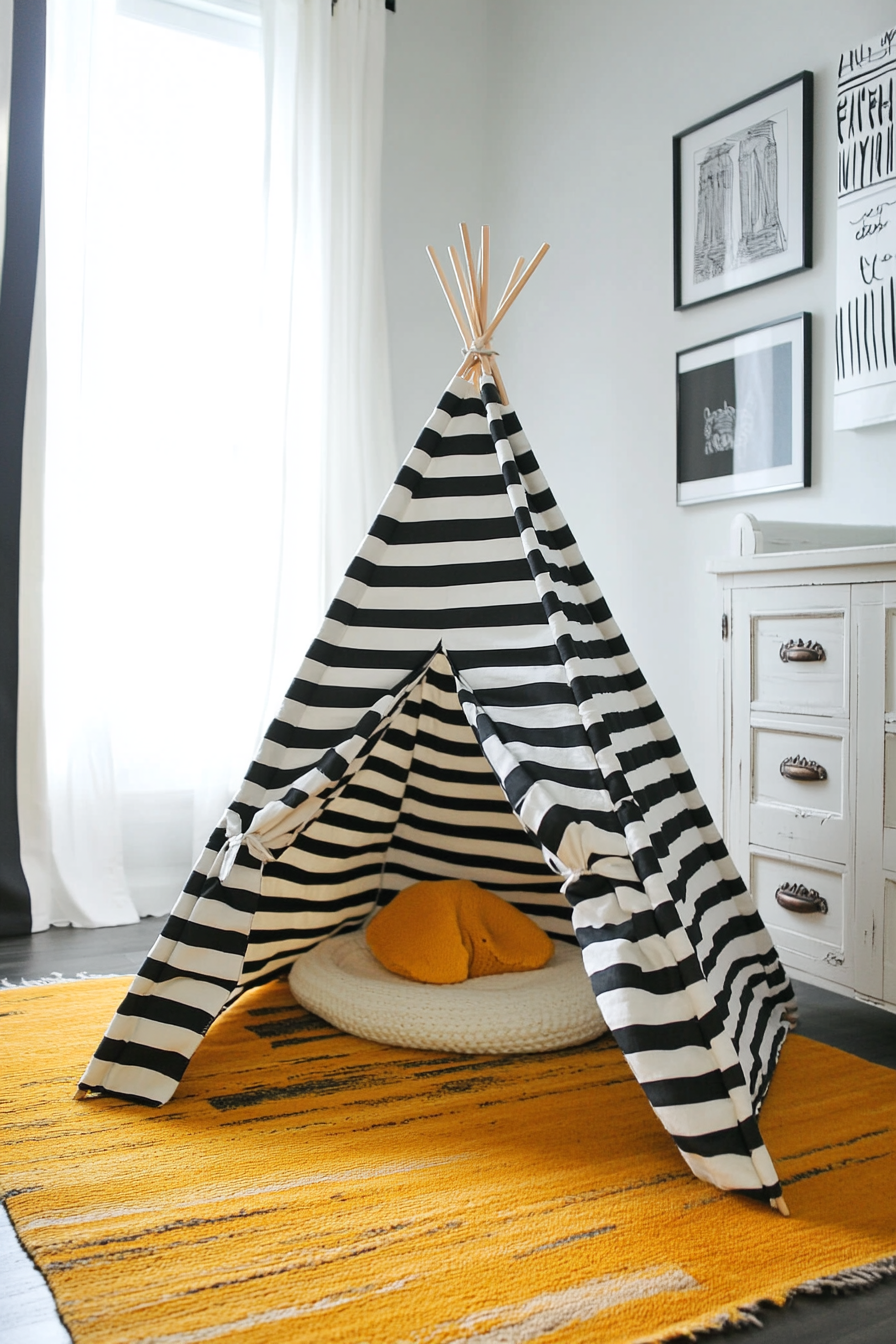 Contemporary baby room. Black and white striped play tent on mustard area rug.