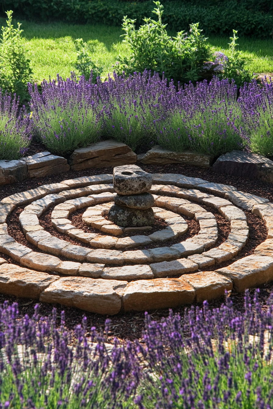 Backyard garden retreat. A circular stone meditation labyrinth surrounded by lavender.