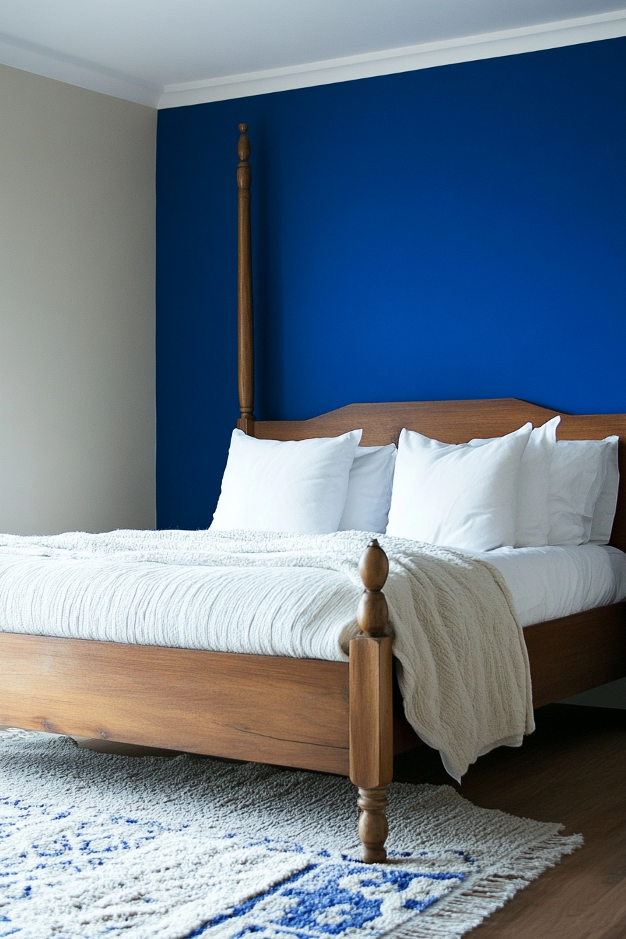 Bedroom design. Royal blue accent wall behind minimalist wooden four-poster bed.