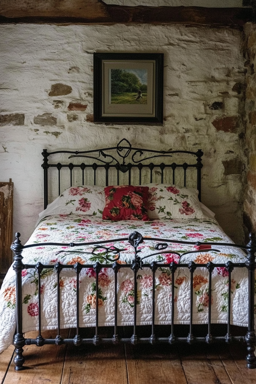 Cottagecore-Industrial bedroom. Wrought iron bed with floral quilt.