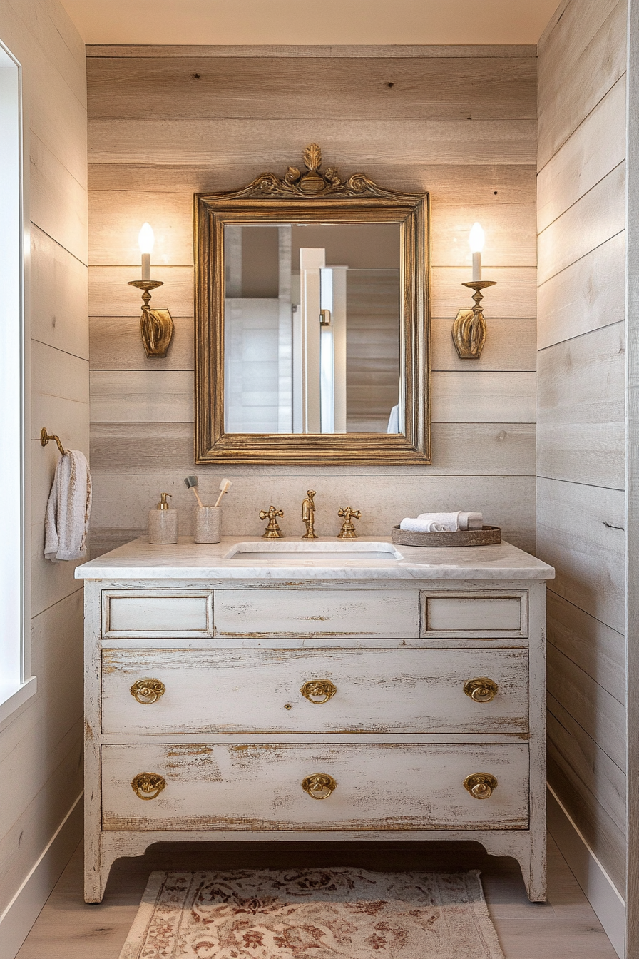 Glam-rustic bathroom. Whitewashed wood vanity with gold accents.