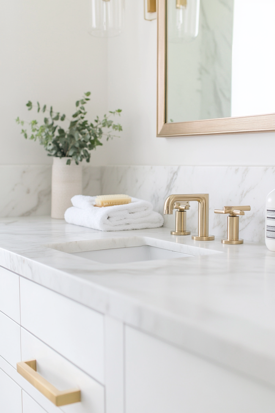 Modern bathroom update. Floating marble vanity with brass fixtures.