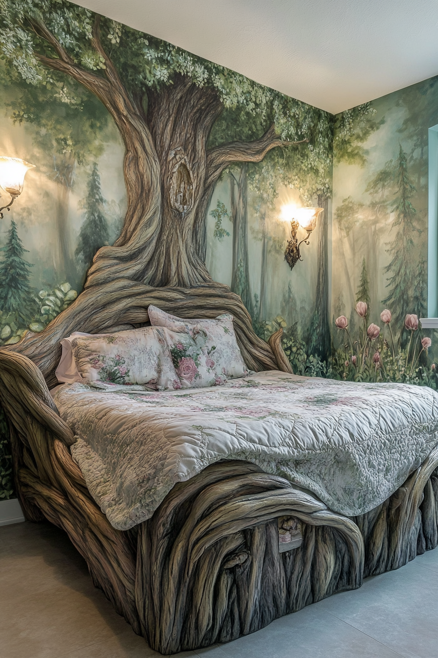 Bedroom design. Forest-themed mural with tree-shaped bed.