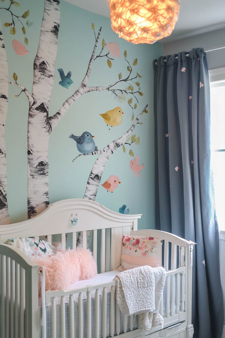 Woodland nursery. Birch tree mural with pastel colored birds.