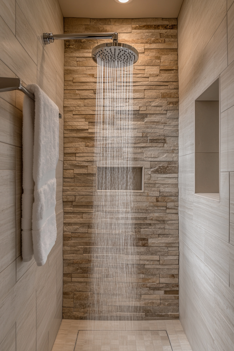 Modern bathroom update. Rain shower head with natural stone tiles.