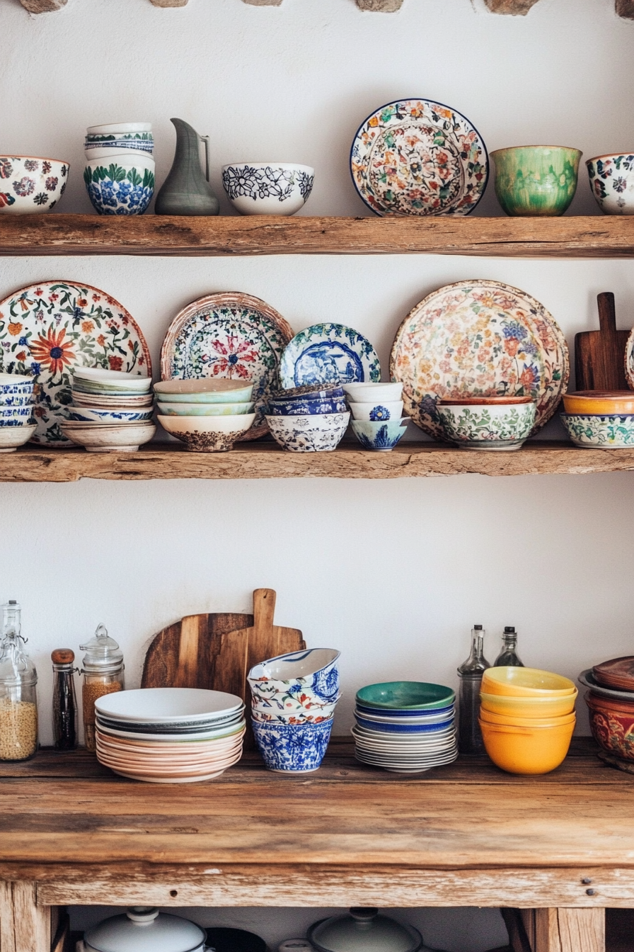 Bohemian kitchen style. Natural wood open shelves filled with colorful ceramic dishes.