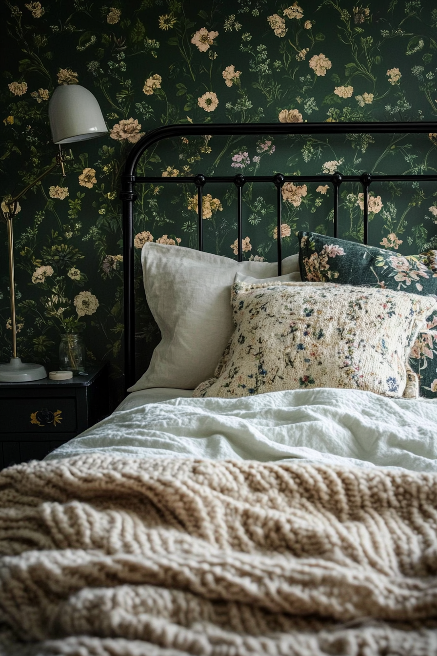 Bedroom. Wrought-iron bed against olive-green wallpapers styled with chunky knit throw blanket.