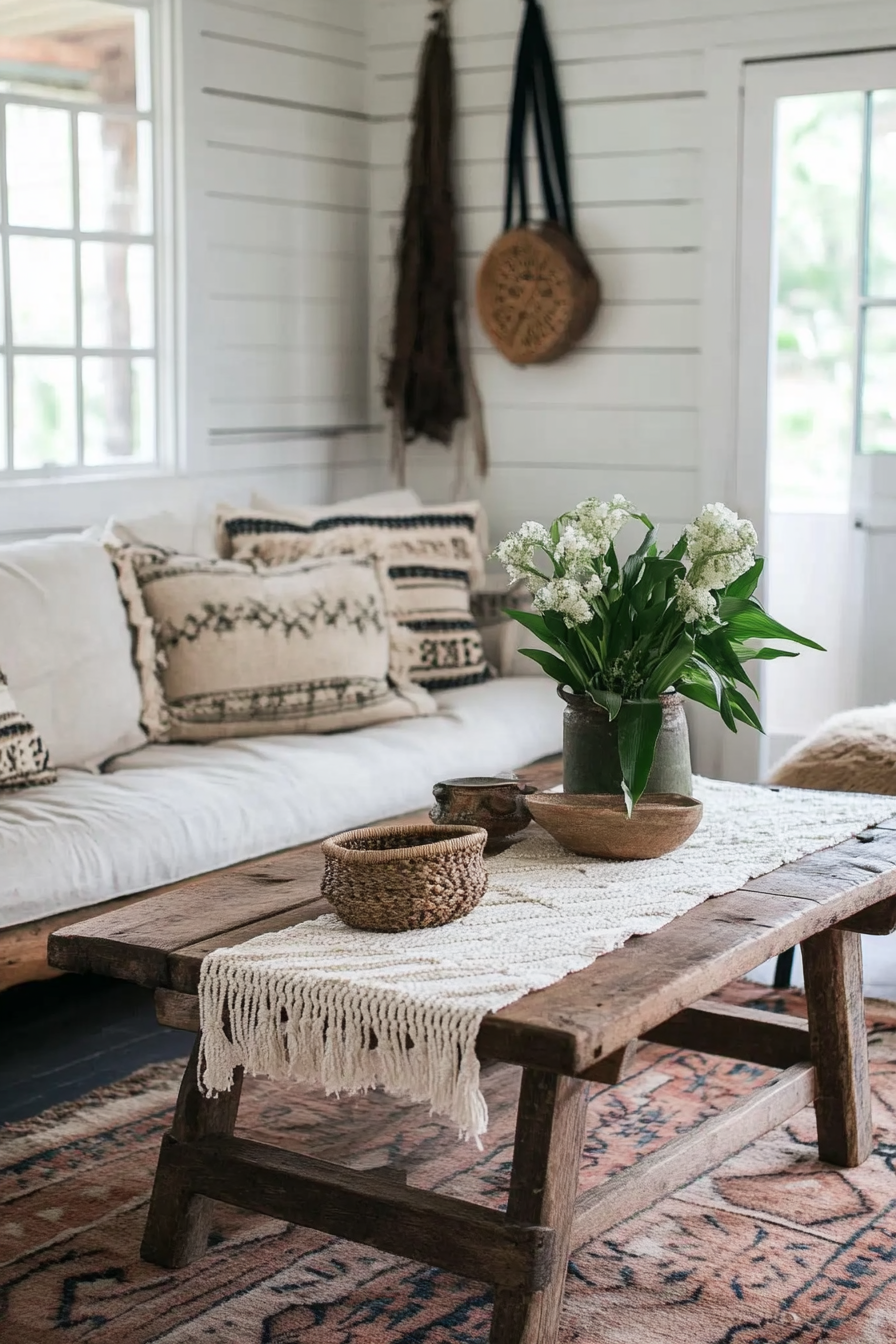 Boho-Farmhouse living space. Rustic timber coffee table with macrame table runner.