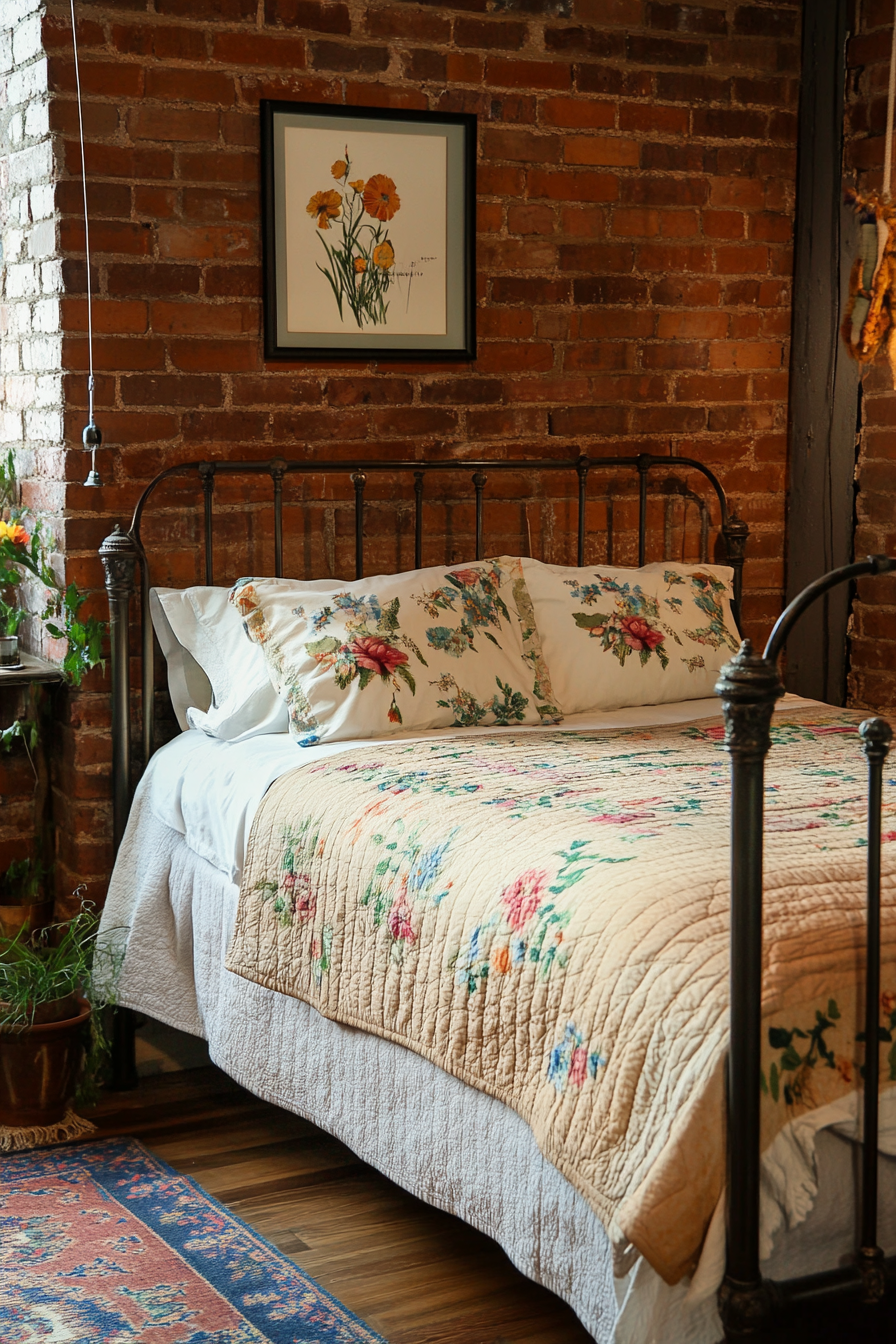 Cottagecore-industrial bedroom. Iron bed frame with floral quilt and exposed brick wall.