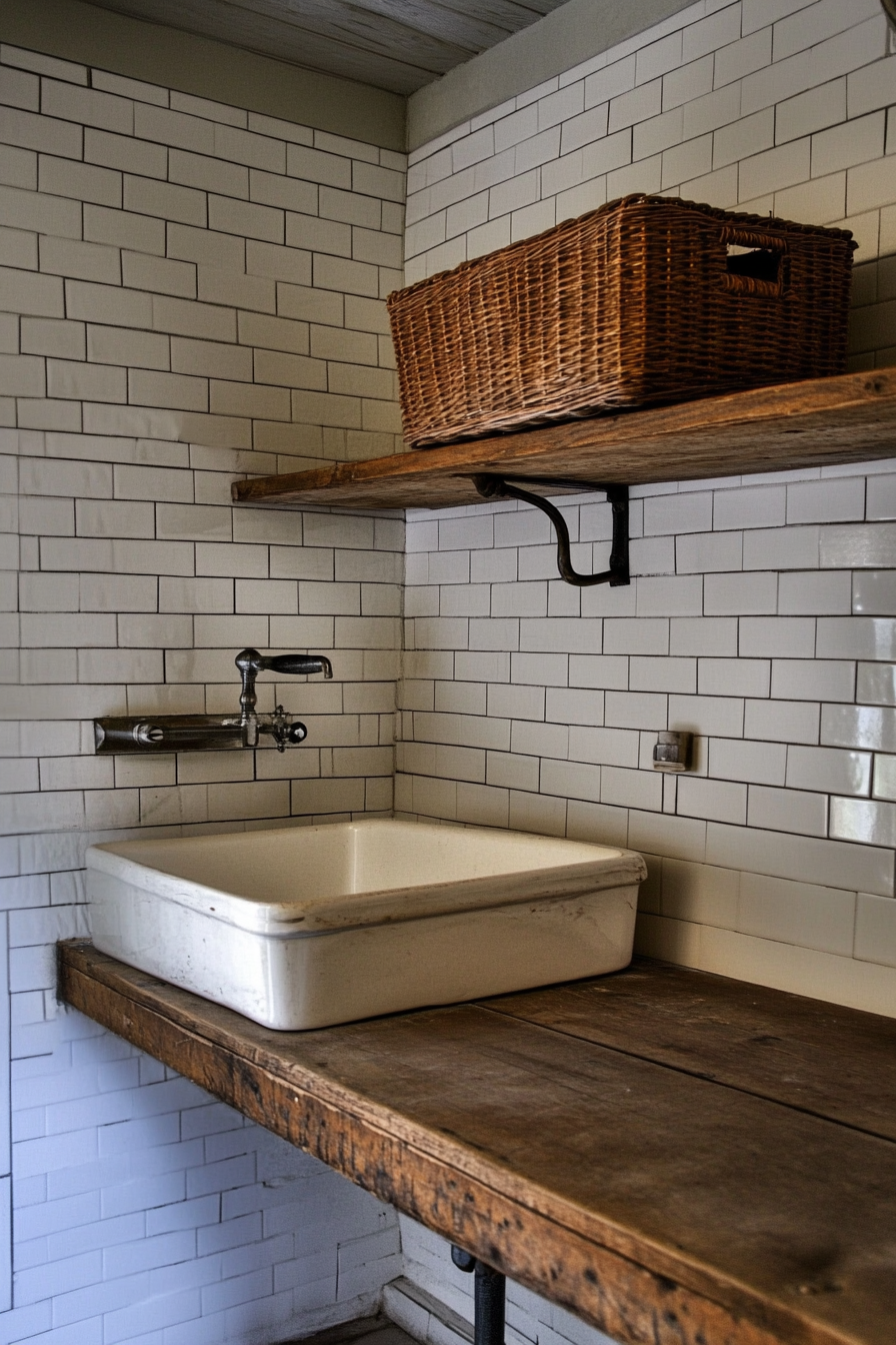 Vintage-Modern Laundry Room. White subway tiles with antique wooden laundry shelving unit.