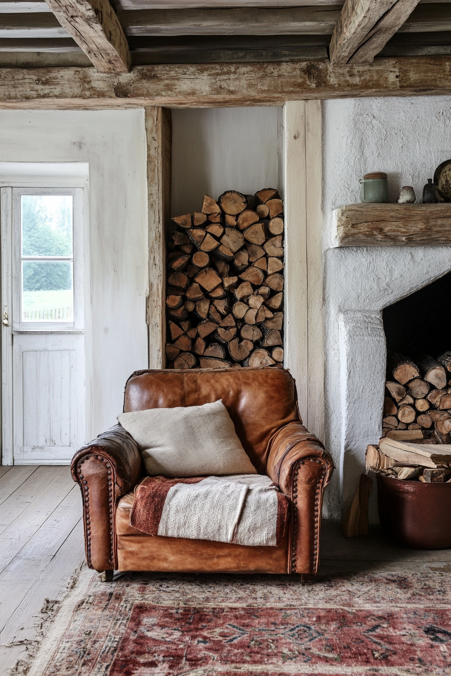 Boho-Farmhouse living space. Distressed patched leather armchair near firewood stack.