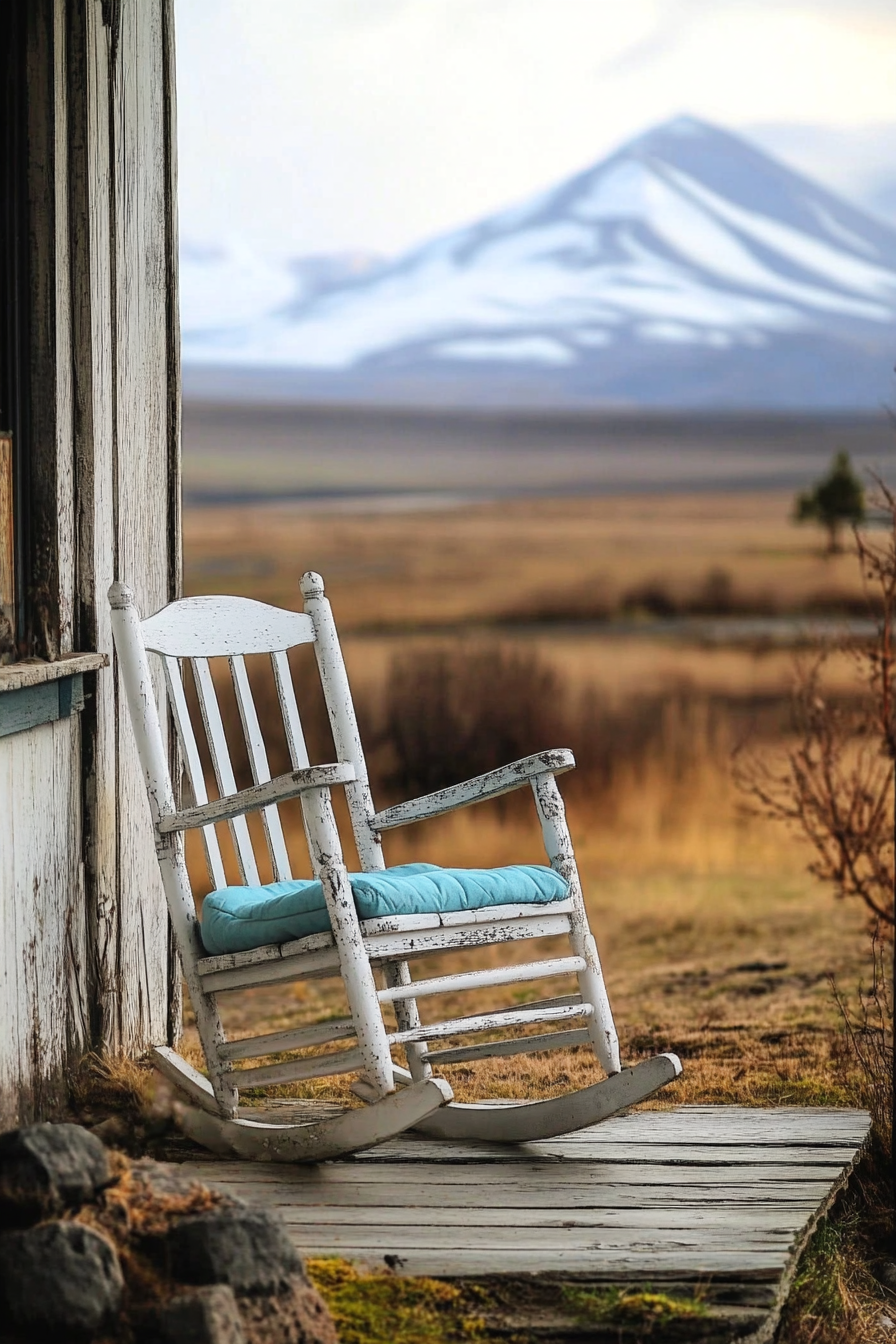 Front porch design. White rocking chair with blue cushions.