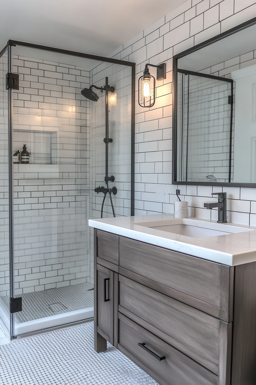 Modern bathroom update. Grey subway tiles with black grouting.