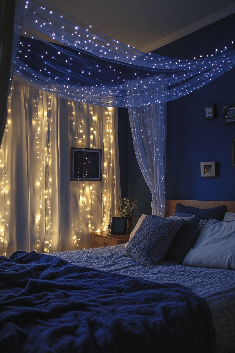 Bedroom design. Canopy bed with fairy lights and midnight blue walls.