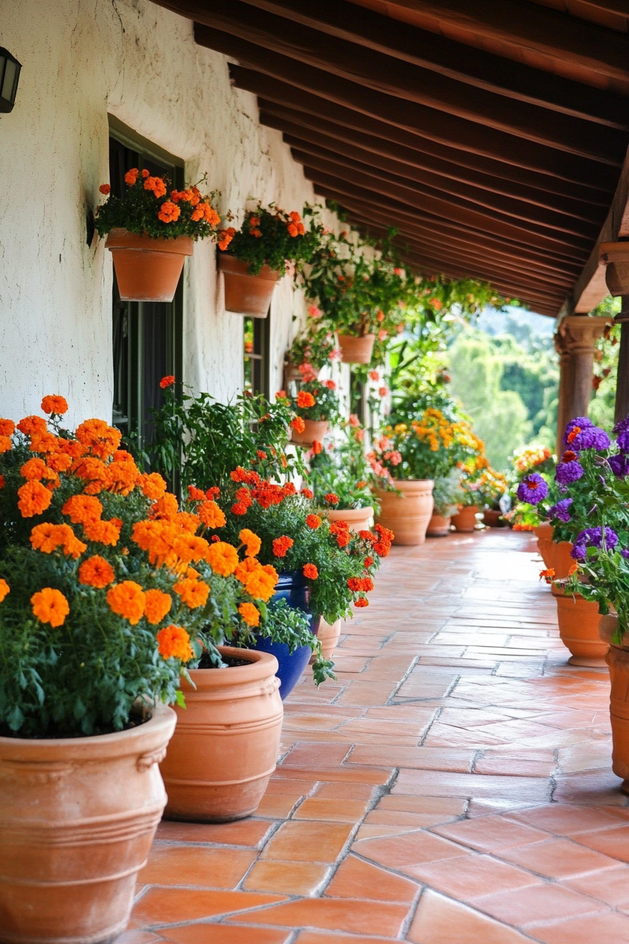 Front porch design. Terracotta pots filled with marigolds.