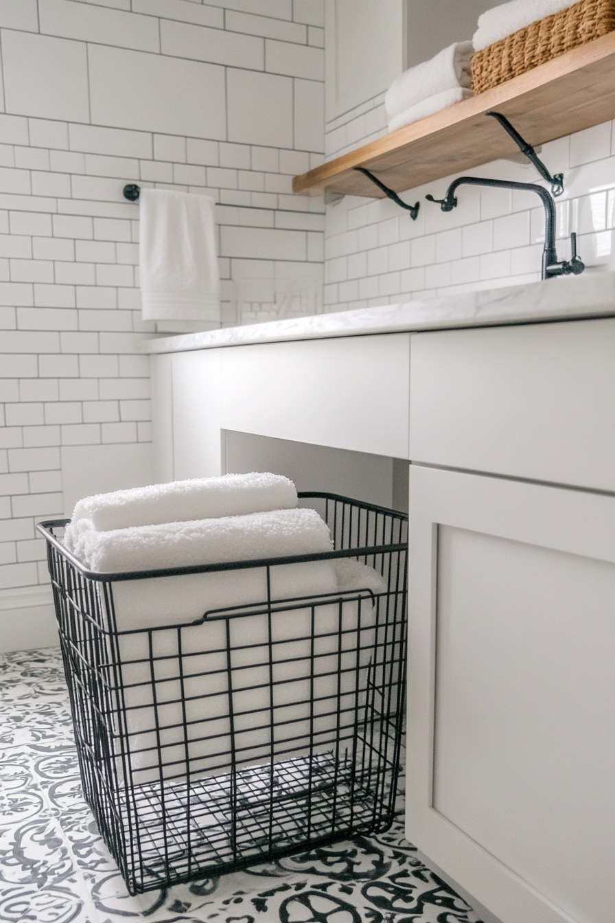 Vintage-modern laundry room. Industrial style wire hamper with white ceramic touches.