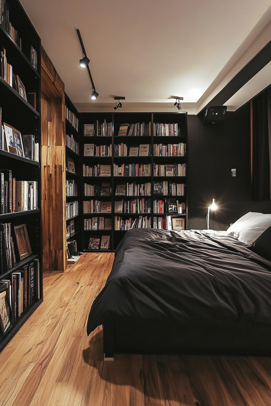 Bedroom design. Minimalist style with floor to ceiling bookshelves.