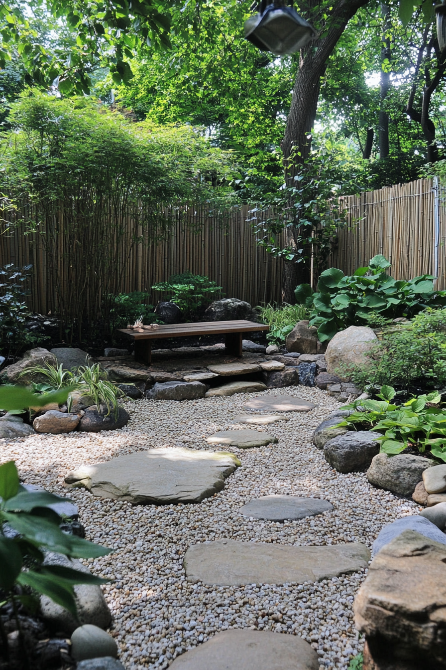 Backyard garden retreat. Zen-inspired space with stone flooring and bamboo plants.