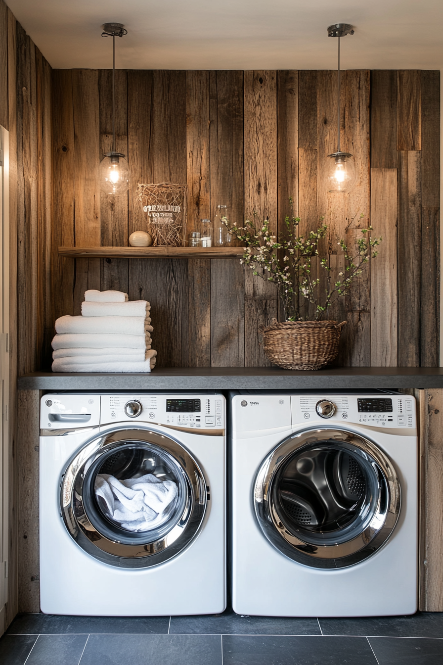 Vintage-modern laundry room. Walls paneled with reclaimed wood, modern washer and dryer.